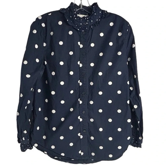 J. Crew Women's Size 6 Blue Polka Dot Ruffle Neck Button-Up Shirt - Picture 1 of 11